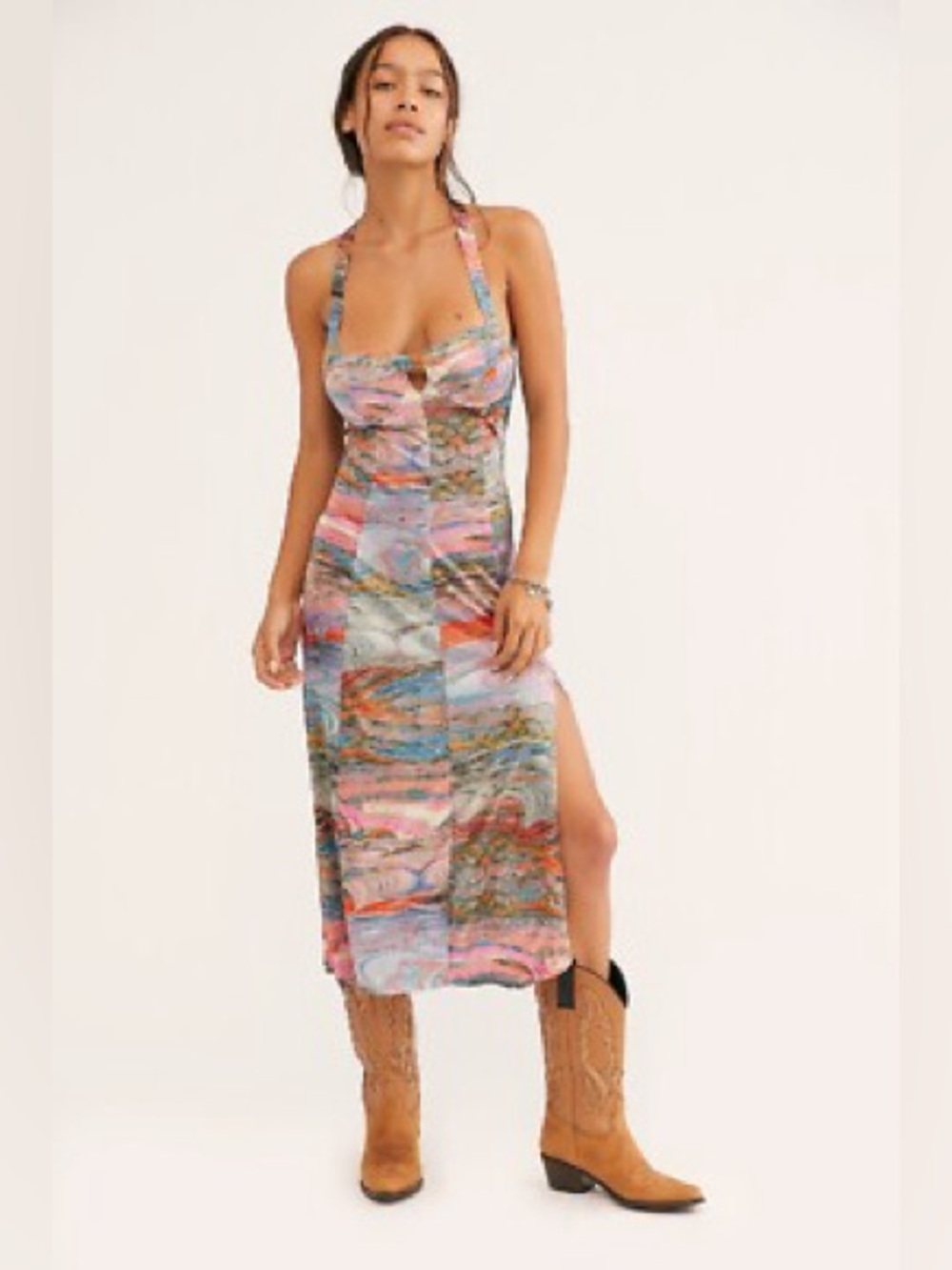 Free People Multicolor Marble-Print Midi Dress